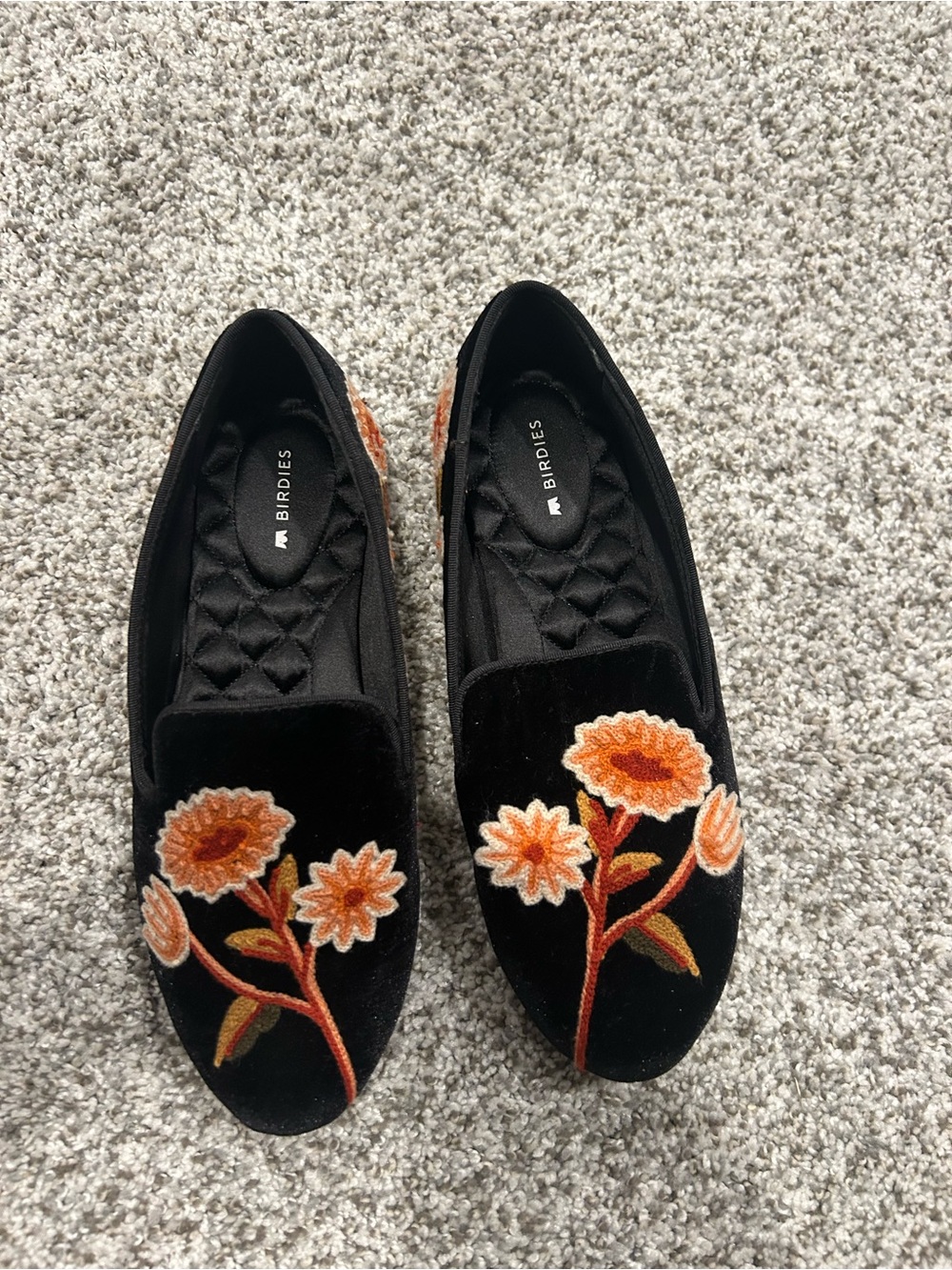 Birdies Black Velvet Loafers with Orange & Cream Floral Embroidery